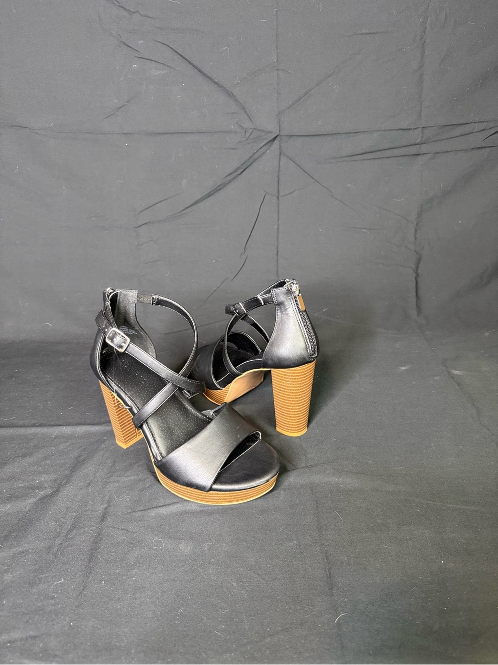 torrid Black Strappy Platform Heel Sandals with Tan Stacked Heel